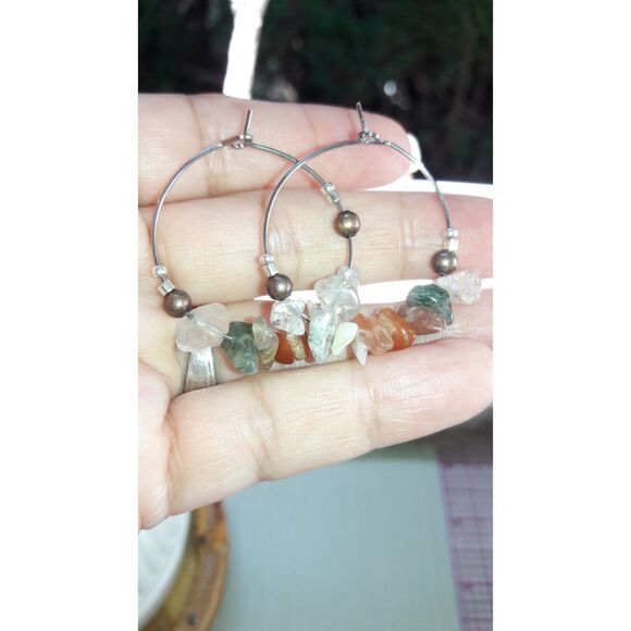 boho earrings 376#mfs Agate and Quartz hoop earrings Autumn fairy gemstone chip - Picture 4 of 5